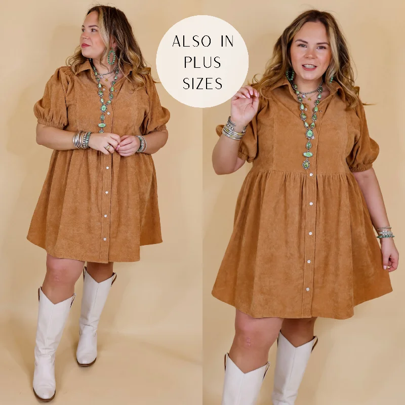 Adventures Ahead Button Up Corduroy Babydoll Dress in Camel Brown