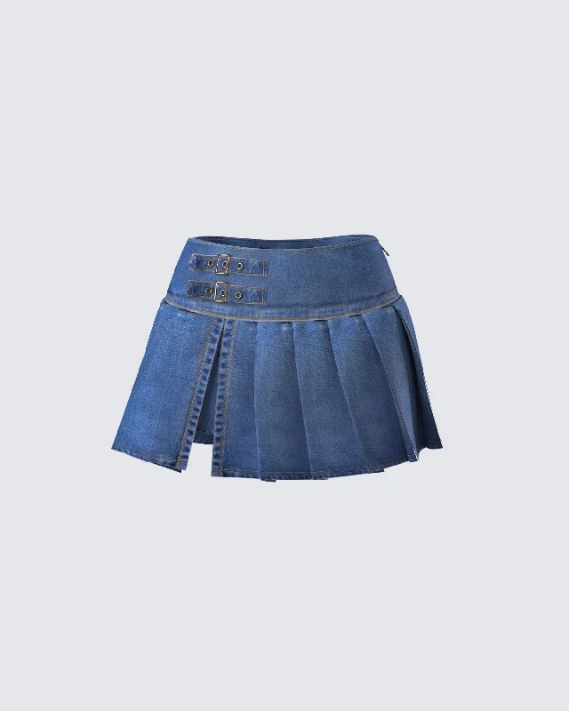 Alazne Blue Denim Pleated Micro Mini Skirt