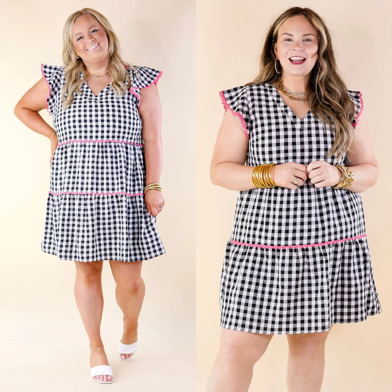 Flirty Mood Gingham Ruffle Tiered Dress with Pink Lace Trim