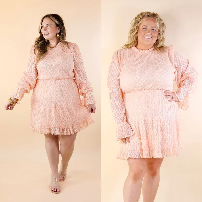 Love and Lace Ruffle Neckline and Long Sleeve Dress in Peach Pink