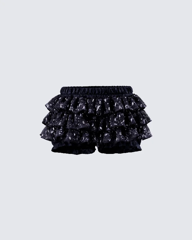 Love Hand Beaded Rhinestone Black Ruffle Short