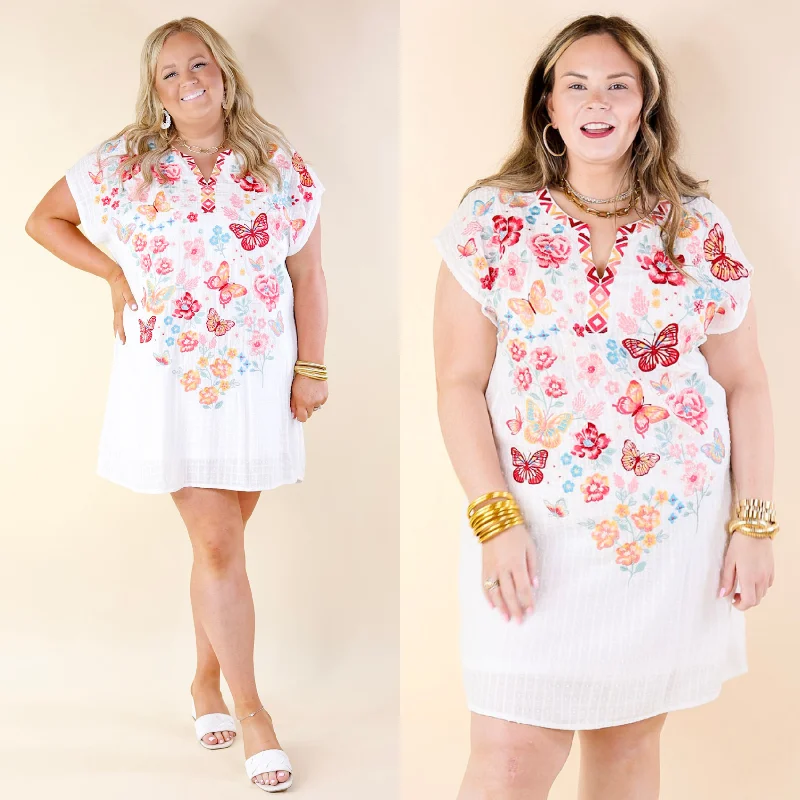 Lovely Feeling Floral Embroidered Dress with a Notched Neckline in White