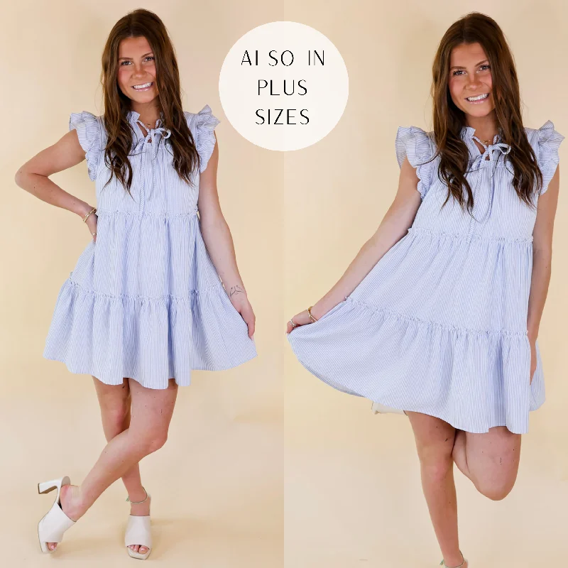 Last Chance Size 1XL & 2XL | Beachfront Bliss Pin Stripe Dress with Keyhole and Tie Neck in Light Blue