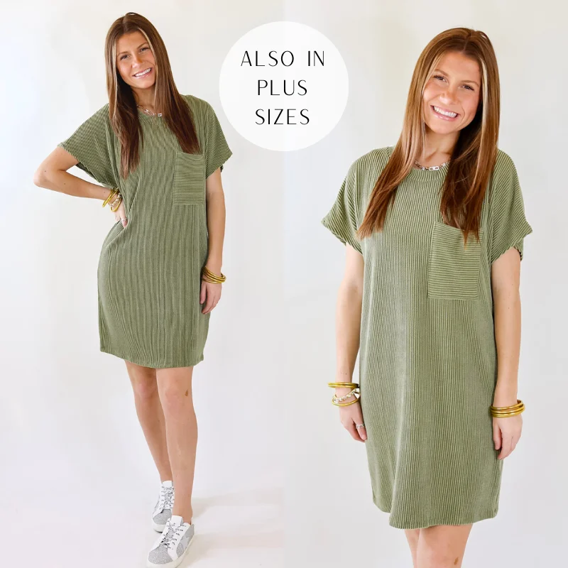 Coffee and Carefree Ribbed Short Sleeve Dress with Front Pocket in Olive Green