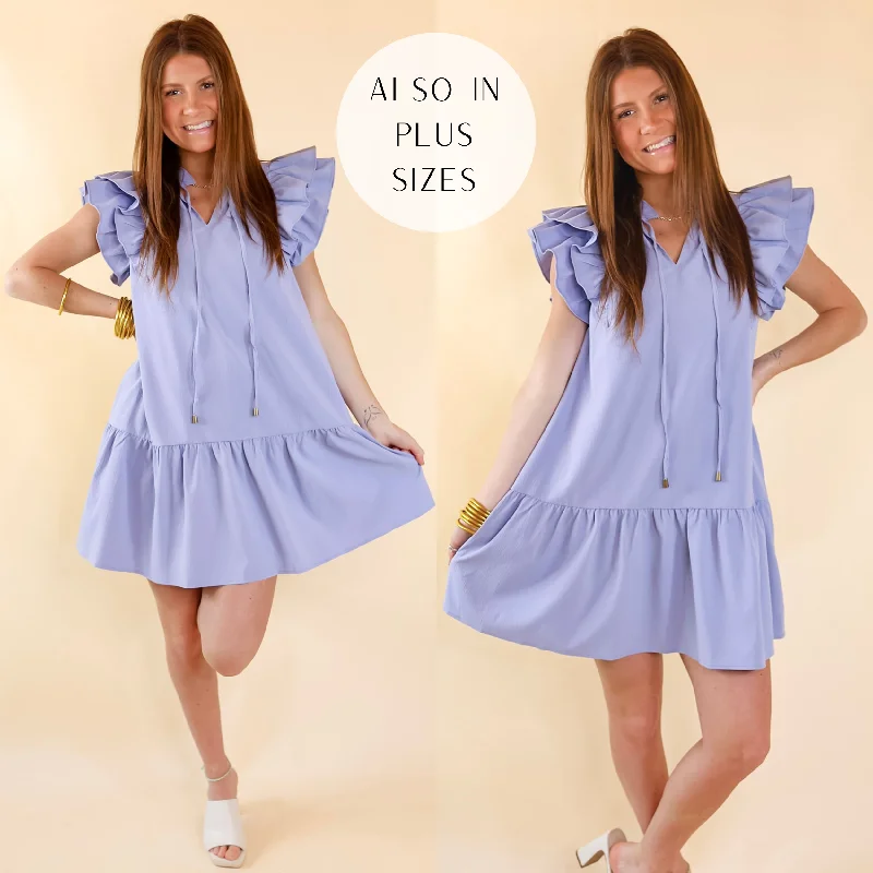 Powerful Love Ruffle Cap Sleeve Dress with Keyhole and Tie Neckline in Periwinkle Blue