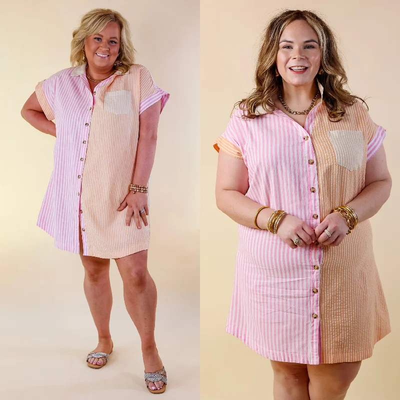 Seasonal Cruisin' Button Up Pinstripe Dress in Pink and Orange