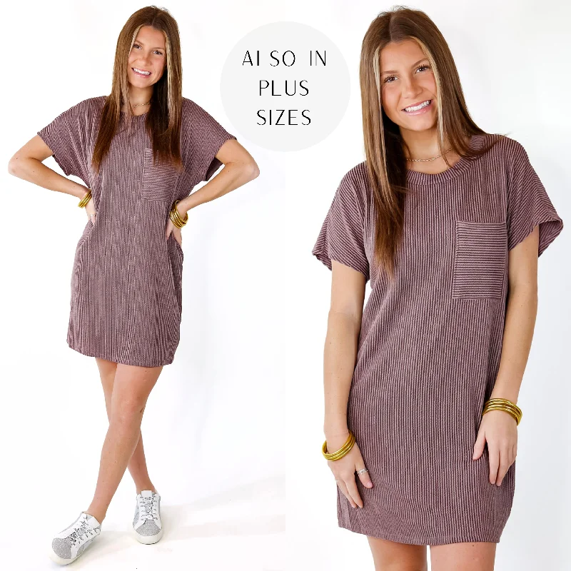 Coffee and Carefree Ribbed Short Sleeve Dress with Front Pocket in Brown