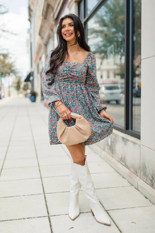 Sounds Better Teal and Rust Rouched Chest Printed Dress