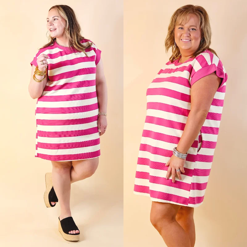 Stripe it Simple Striped Dress with Cap Sleeves in Pink and Cream