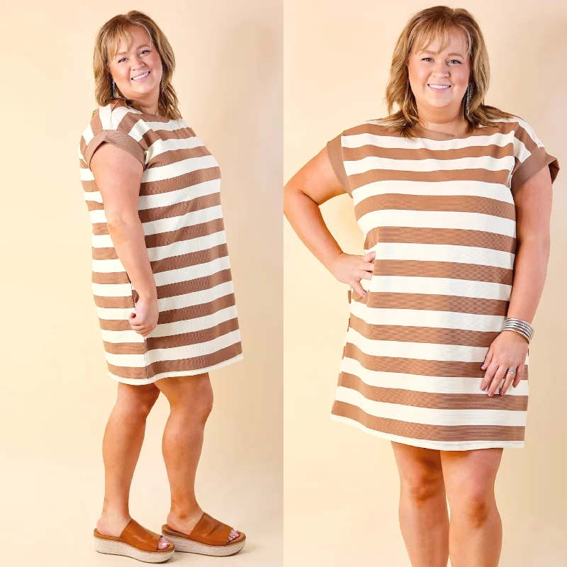 Stripe it Simple Striped Dress with Cap Sleeves in Taupe and Cream