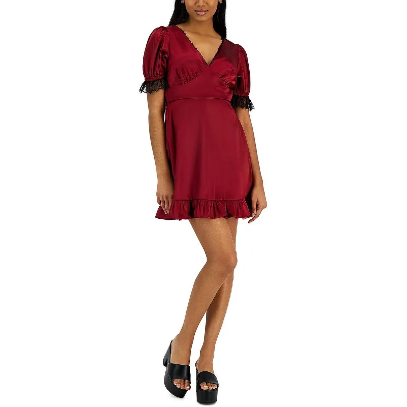 Kit & Sky Womens Juniors Satin Lace-Trim Cocktail and Party Dress