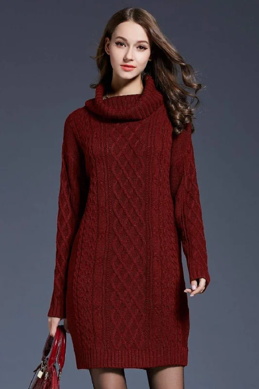 Full Size Mixed Knit Cowl Neck Dropped Shoulder Sweater Mini Dress