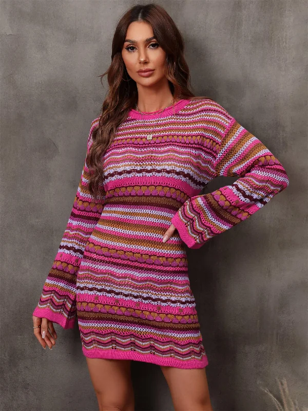 Multicolored Stripe Dropped Shoulder Sweater Mini Dress