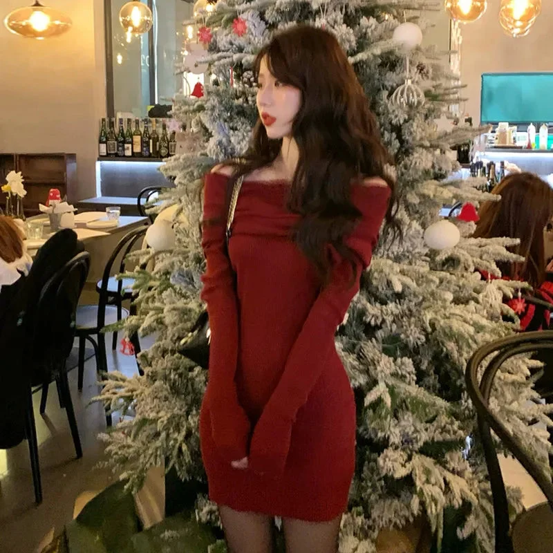 New Fashion Long Sleeve Red Knit Dress Off Shoulder Sexy Slash Neck Slim Pencil Mini Dress Fit Hip Bottoming Sweater Dress