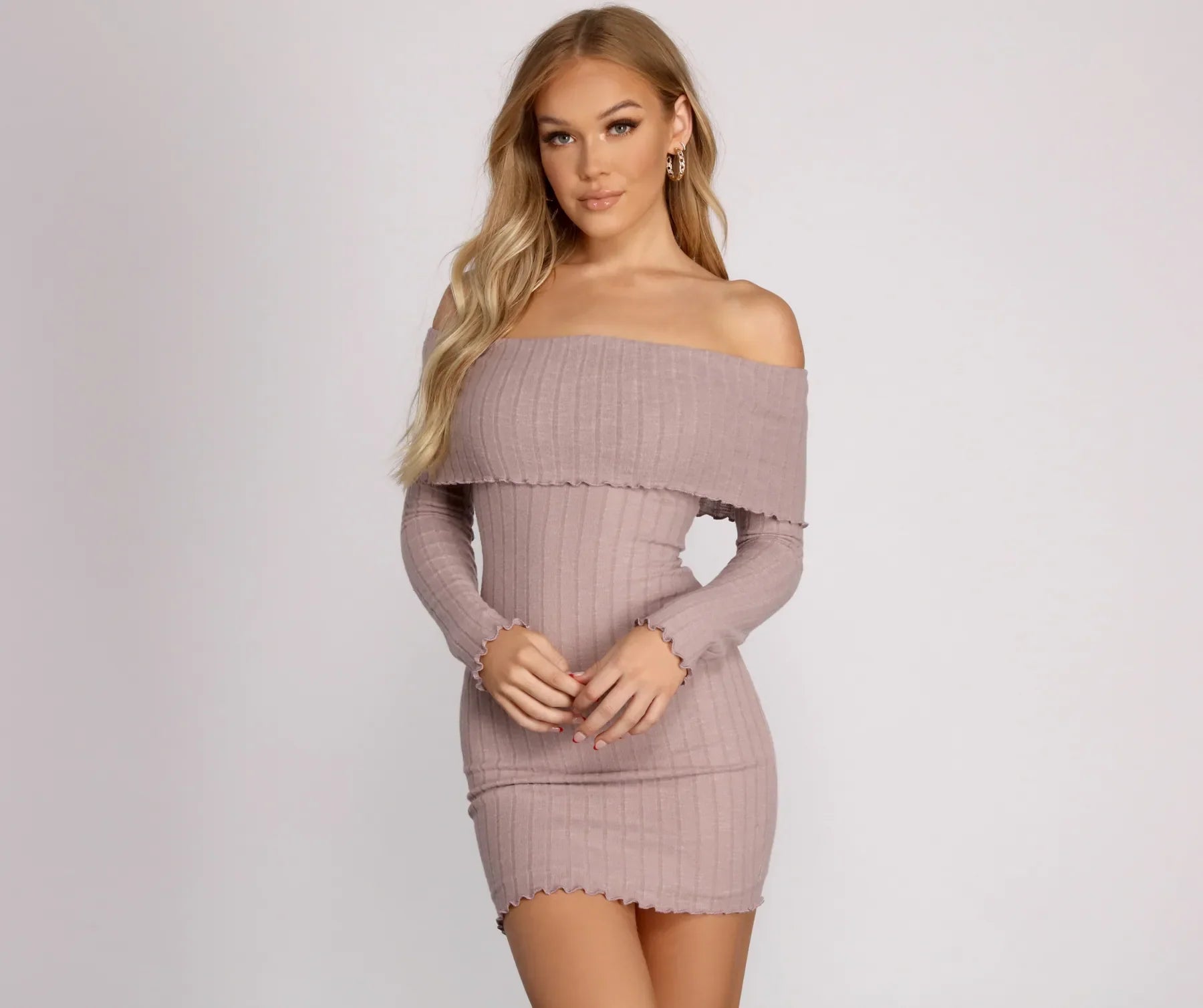 Off The Shoulder Brushed Knit Mini Dress