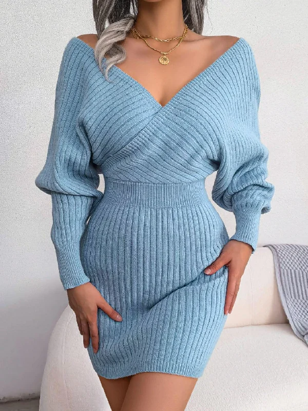 Blue Zone Planet |  Rib-Knit Dolman Sleeve Sweater Mini Dress