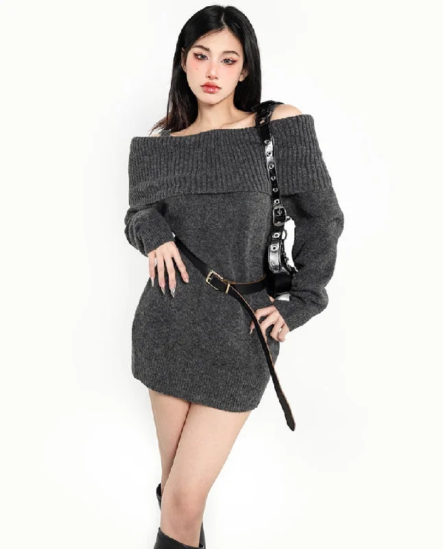 Layla Grey Off The Shoulder Long Sleeve Sweater Mini Dress