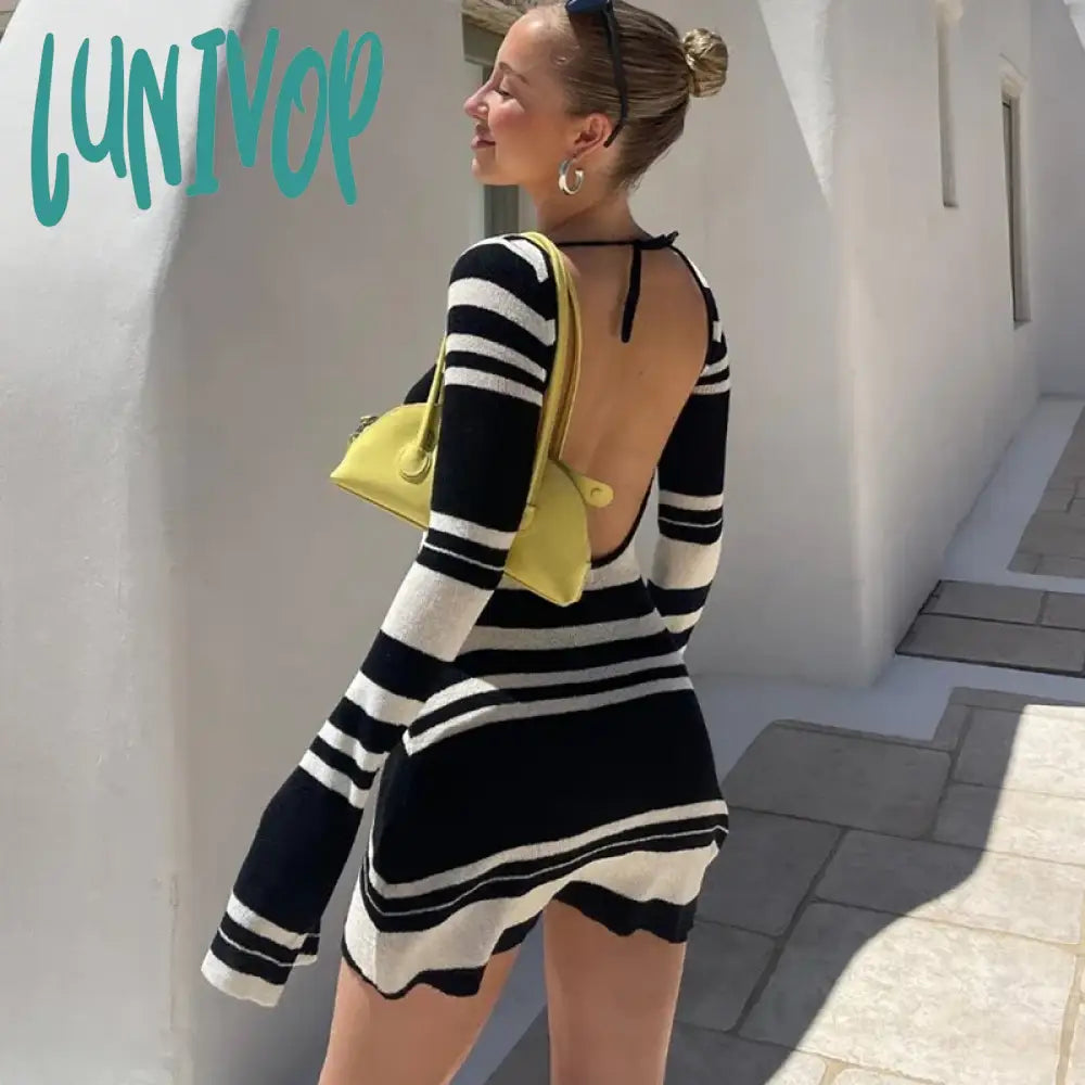 Lunivop Fashion Striped Sexy Backless Mini Dresses Autumn Club Party Flare Sleeve Sweaters Dresses for Women Beachwear Bodycon Dress