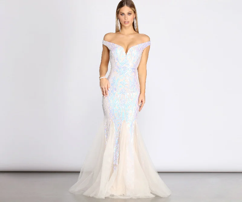 Andrina Iridescent Sequin & Tulle Off Shoulder Mermaid Dress