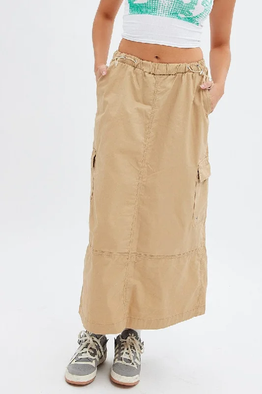 Beige Maxi Skirt Low Rise Cargo Parachute