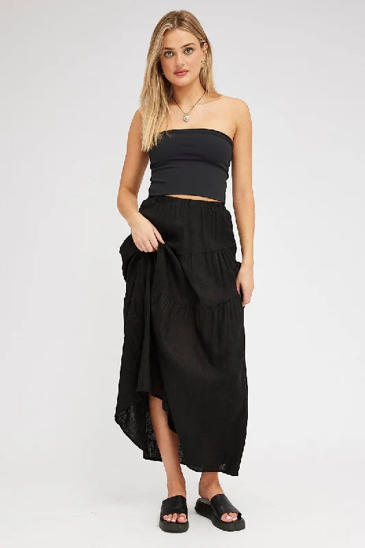 Black Asymmetric Tiered Maxi Skirt