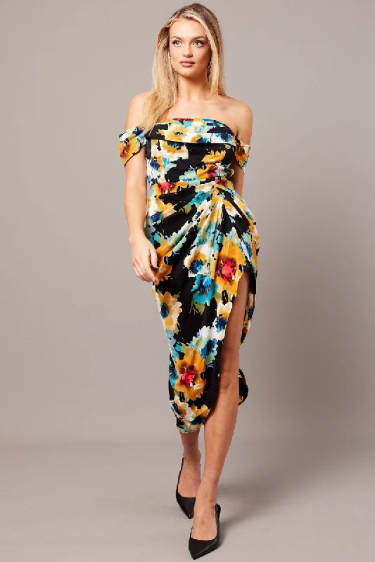 Black Floral Bardot Midi Dress Draped Off Shoulder Dress