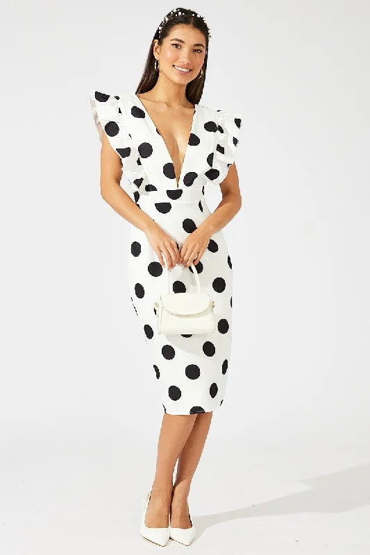 Black Polka Dot Midi Dress Plunge Ruffle Shoulder Oversized Polka