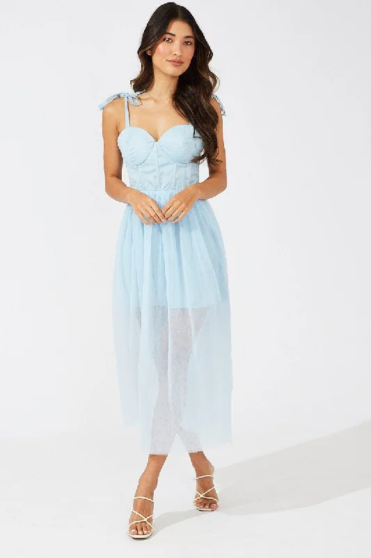 Blue Midi Dress Tulle Corset Detail Occasion Dress