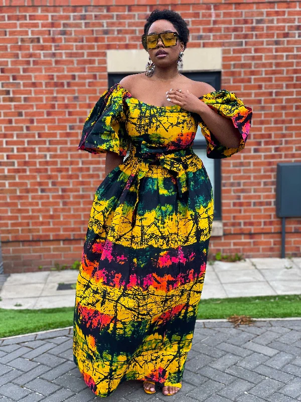 Brenie Ankara Off Shoulder Maxi Dress | Green and Yellow Multicoloured African Print