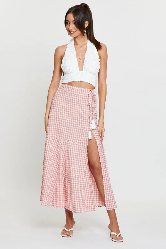 Check Maxi Skirt High Waist Front Split