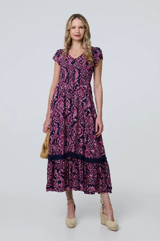 Paisley Cap Sleeve Lace Trim Maxi Dress