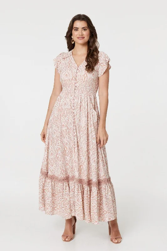 Paisley Print Lace Trim Maxi Dress