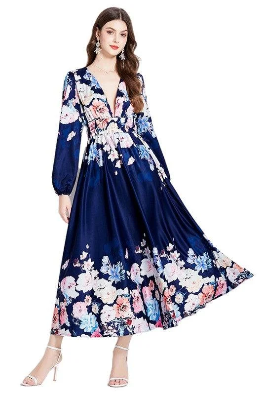 Flared Floral Chiffon Maxi Dress