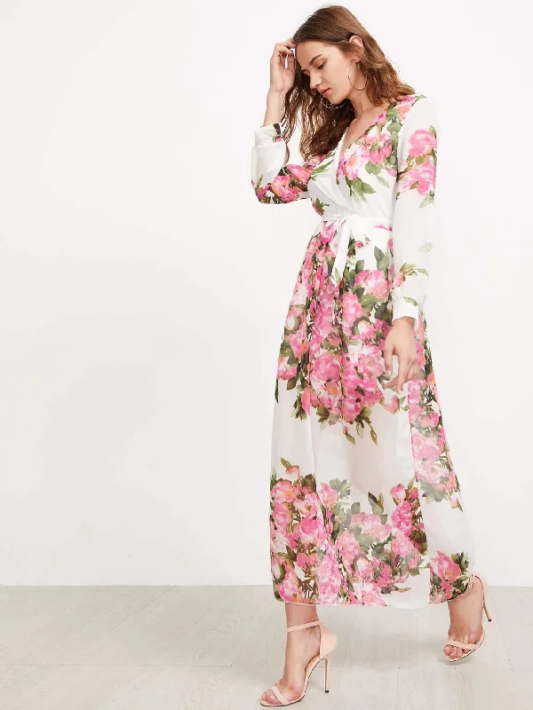 Floral Print Belted Surplice Cami Dress