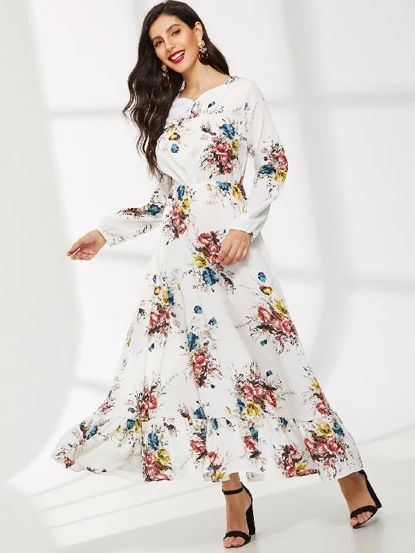 Floral Print Bishop Sleeve Ruffle Hem Dress