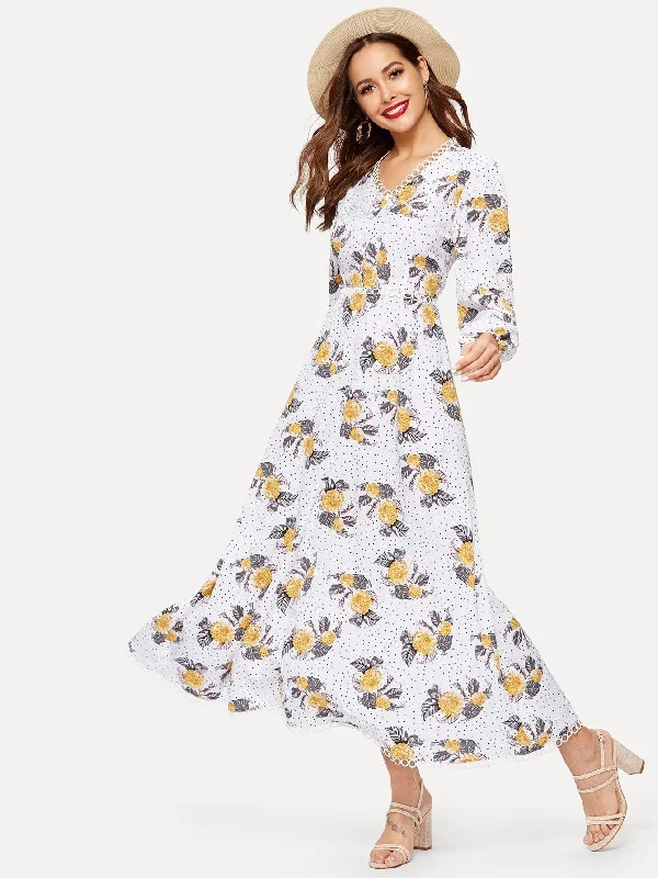 Floral Print Polka Dot Bishop Sleeve Dress