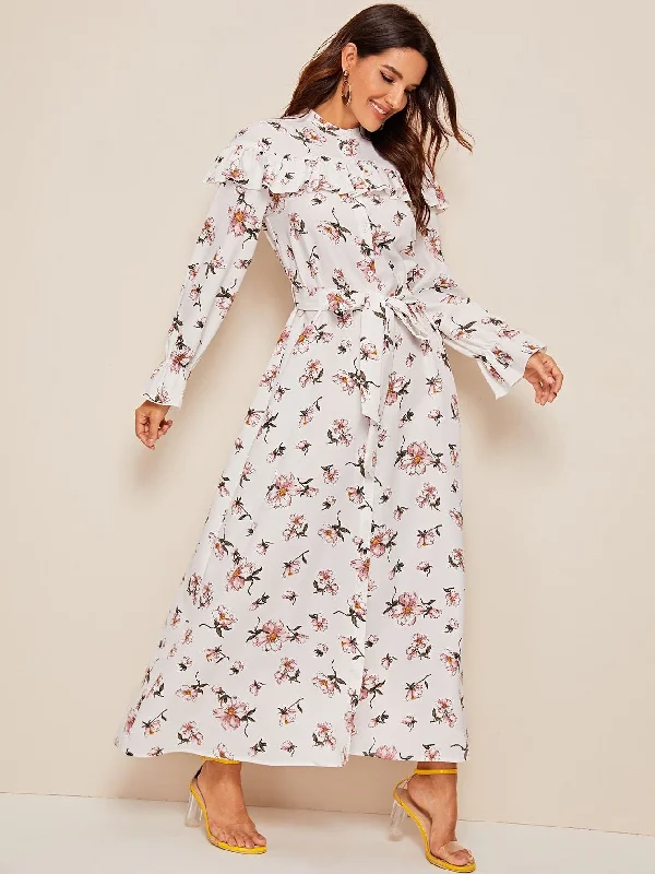 Floral Print Ruffle Trim Self Belted Shirt Dress