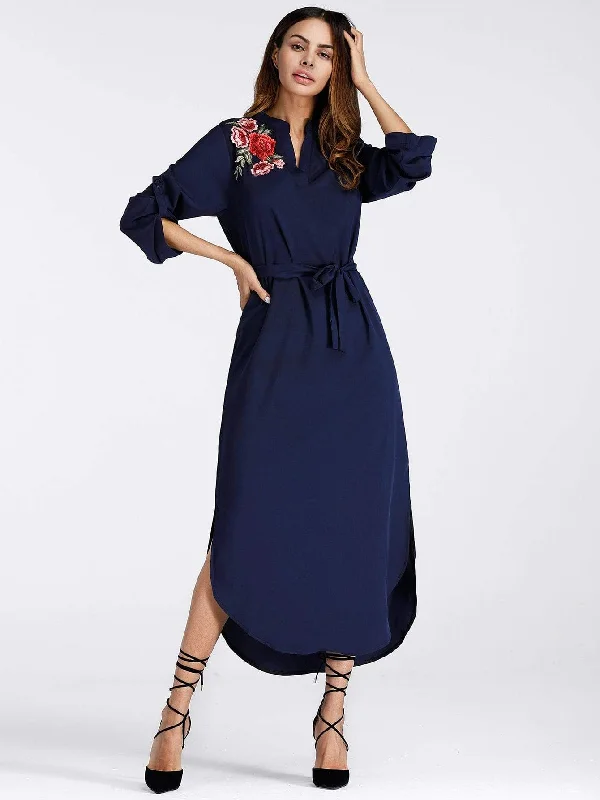 Flower Applique Slit Curved Hem Belted Dress