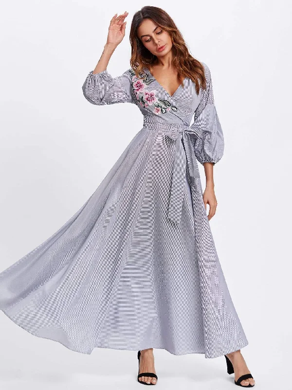 Flower Patch Puff Sleeve Surplice Wrap Dress