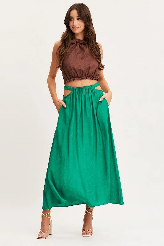 Green Maxi Skirt High Rise Cut Out