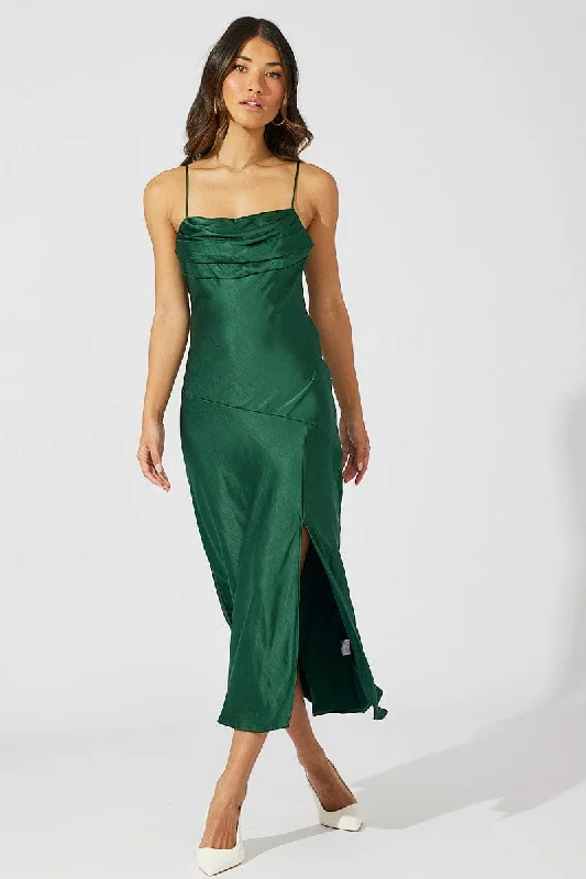 Green Satin Dress Cocktail Split Side Strappy