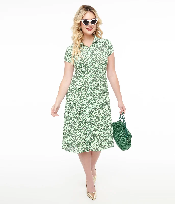 Green & White Ditsy Floral Print Button Up Midi Dress