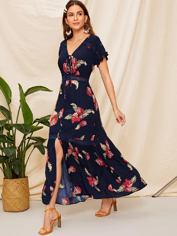 Lace Insert Ruffle Hem Floral Maxi Shirt Dress