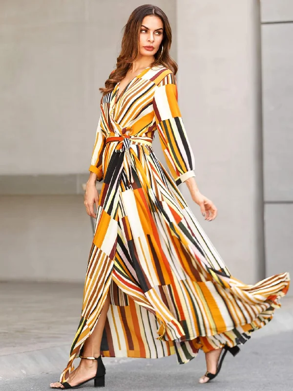 Mixed Striped Belted Wrap Split Dress