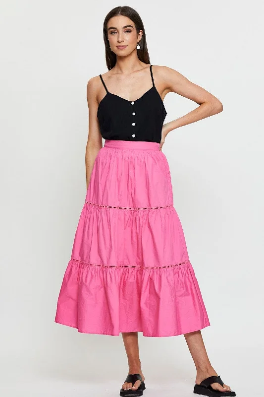 Pink Maxi Skirt High Rise Tiered Cotton