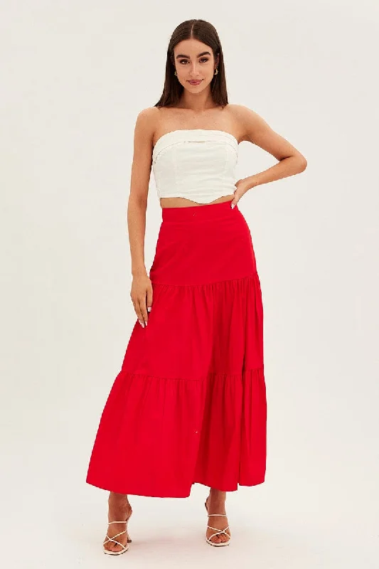 Red Maxi Skirt High Rise Tiered