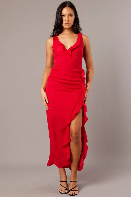 Red Ruffle Dress Wrap Midi Chiffon