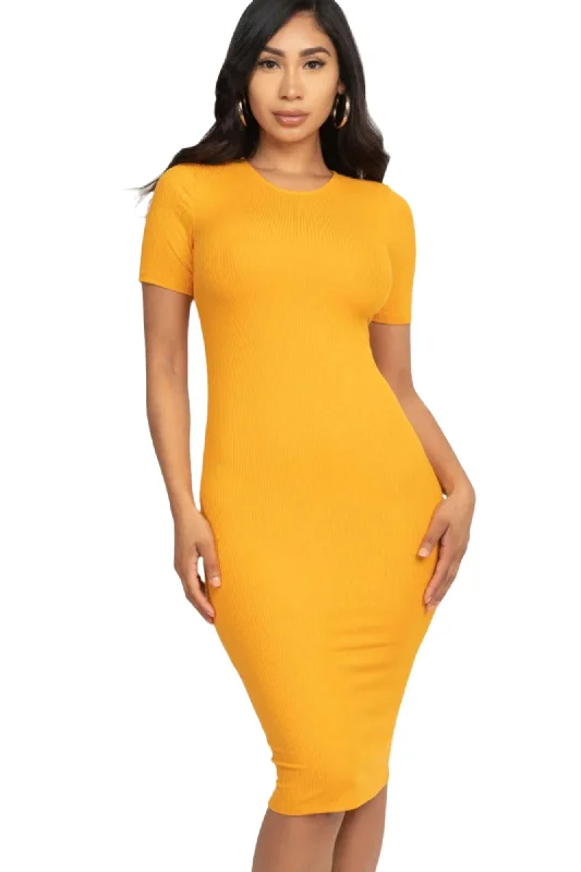 Ribbed Bodycon Midi Dress - Gold