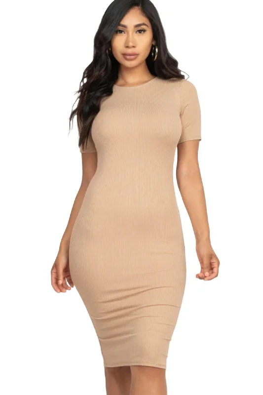 Ribbed Bodycon Midi Dress - Latte