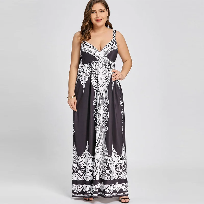 ROSEGAL Plus Size Arab Print Sleeveless Maxi Dress V-Neck Empire Robe Long Vintage Spaghetti Strap Sexy Dress Summer Women 2019